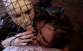 Busty slave sucks cock and gets fucked in wild BDSM threeway